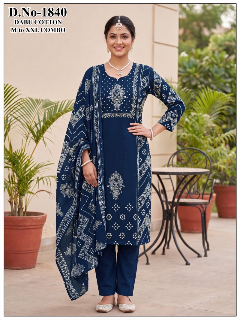 Ff Dhabu Cotton Printed Kurti With Bottom Dupatta